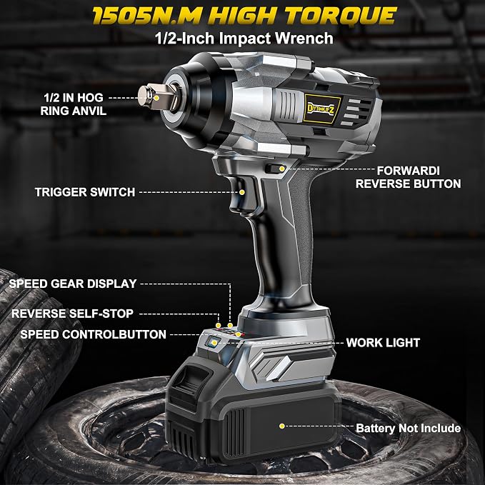 1/2" Cordless Impact Wrench 1110 Ft-lbs Compatible with DeWalt 20V Battery | DIYtoolifz Brushless High Torque Impact Driver with LED Light, Electric Gun for Car, Truck, Mower, Bare Tool