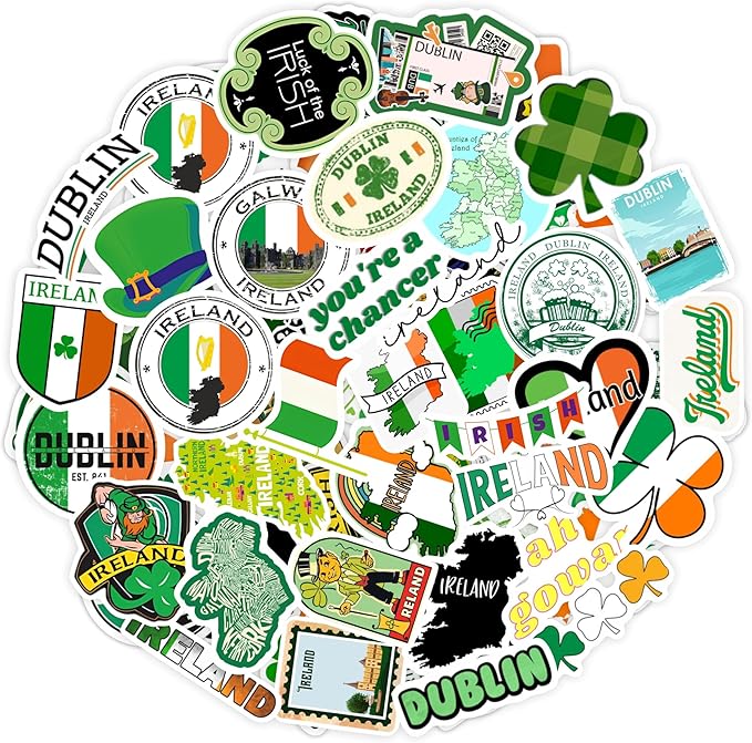 BulbaCraft Ireland Stickers, Irish Stickers for Water Bottle and Laptop - Ireland Party Supplies & Decorations, Waterproof Vinyl Decals, Gifts for Women & Men
