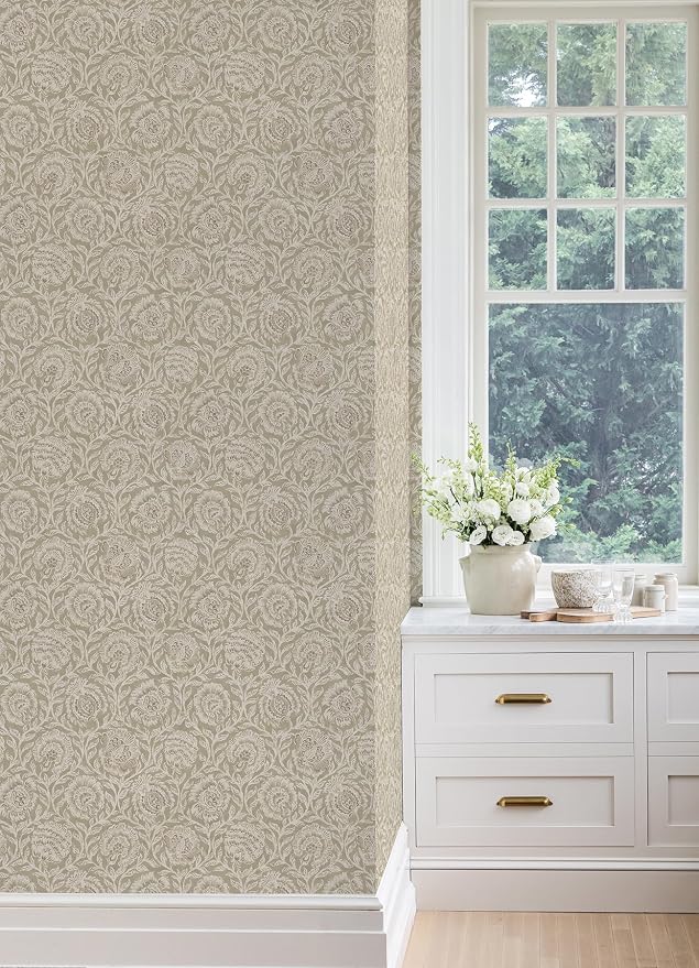 NuWallpaper x Nabela Noor Home Aliviya Pistachio Peel and Stick Wallpaper, Brown, Flowers, Transitional, Self-Adhesive, 20.5-in x 18-ft