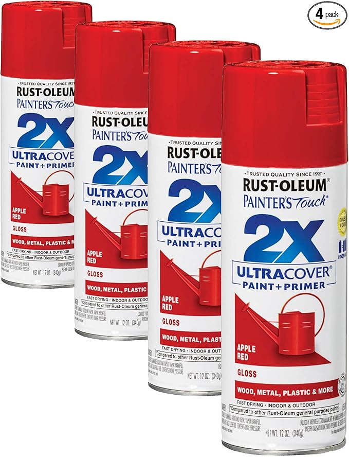 Rust-Oleum 334024 Painter's Touch 2X Ultra Cover Spray Paint, 12 oz, Gloss Apple Red (Pack of 4)