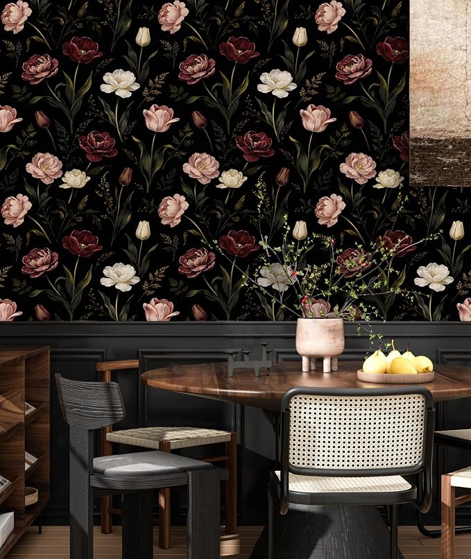 ILHIIOR Dark/Pink Floral Peel and Stick Wallpaper 17.5 x 118 Inches | Leaf Removable Self Adhesive Waterproof Contact Paper, Renter Friendly Decor for Cabinets, Drawers & Bedroom Walls