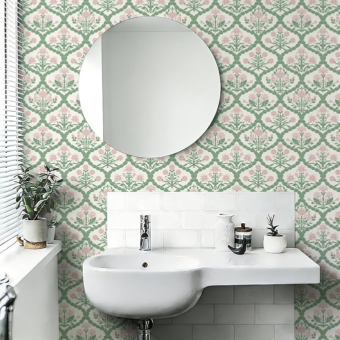 17.3" x 196.8" Pink Floral Peel and Stick Wallpaper Vintage Wall Paper Boho Pink Floral Damask Wallpaper for Bedroom Decorative Self Adhesive Shelf Drawer Liner