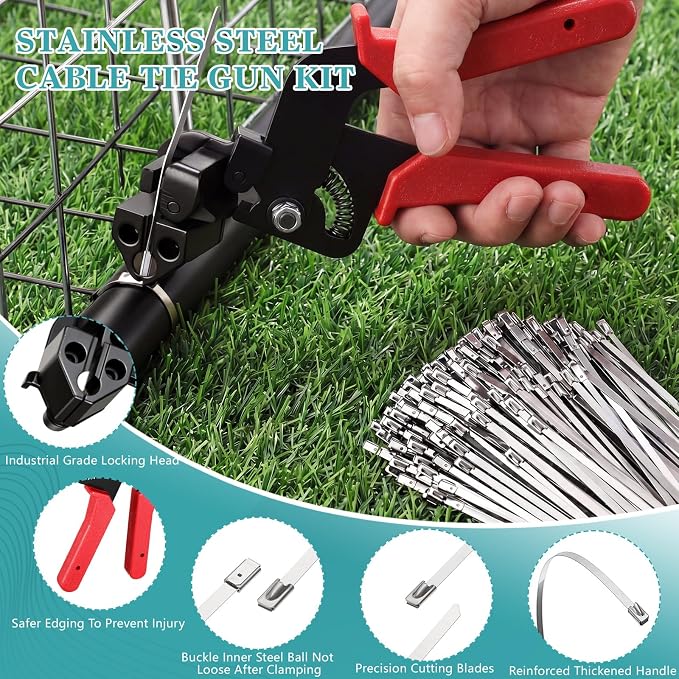 LEIFIDE 500 Pcs Metal Zip Ties Gun Kit, 11.8 Inch 304 Stainless Steel Metal Zip Cable Ties, Heavy Duty Self Locking 220 Pound Tensile Strength Cable for Exhaust Wrapping Fence Outdoor Workshop(Red)