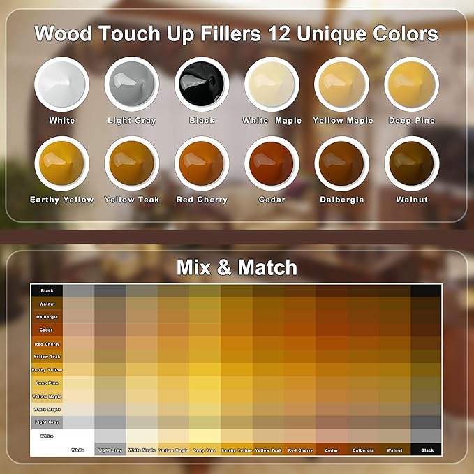 Hupeyna Wood Furniture Repair Kit, 12 Colors Wood Repair Kit, Wood Touch up Fillers, Repair Scratch, Cracks, Discoloration for Wooden Cabinet, Floor, Door, Table Surfaces Wood Filler Paint