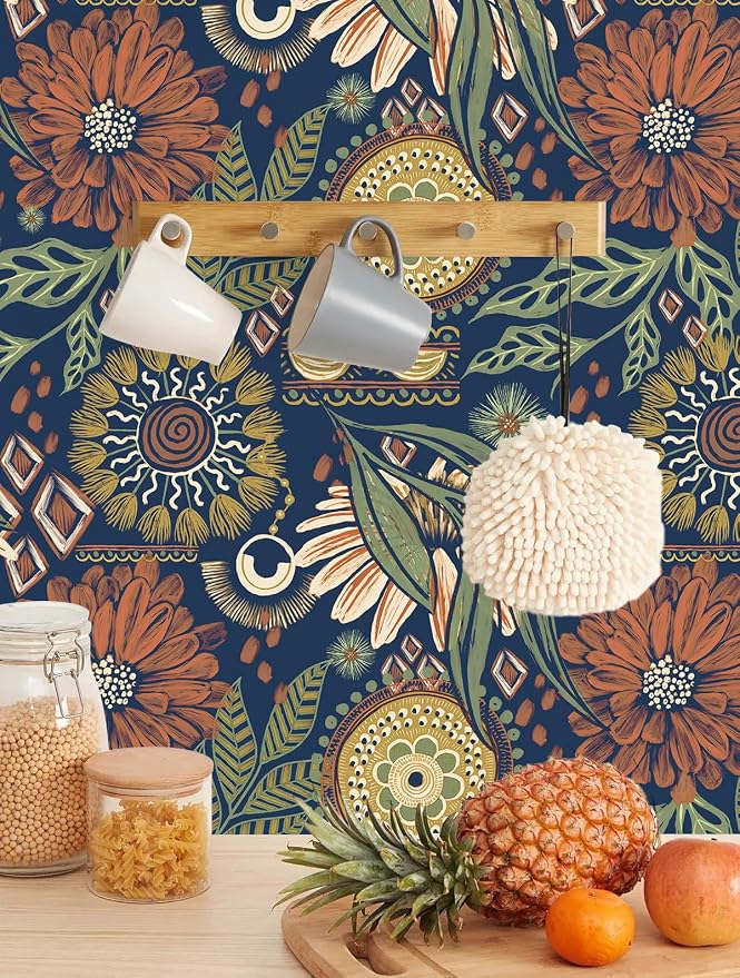 HAOKHOME Peel and Stick Wallpaper Boho Retro Floral Wall Paper Navy Orange Oliva for Bedroom Kitchen Accent Wall 17.3in x 9.8ft