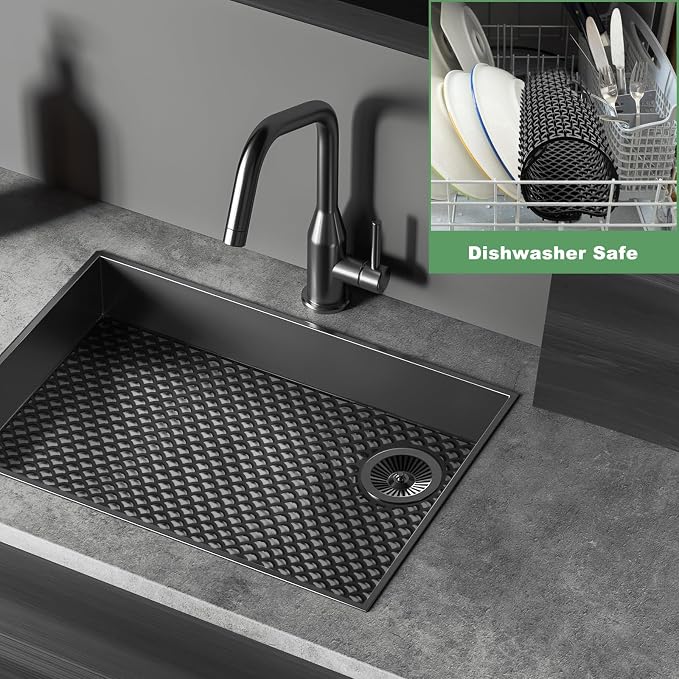 Sink Protectors for Kitchen Sinks - Large 28.4“ x 15” with Right Side Top Hole Heat Resistant Easy to Clean Non-Slip Kitchen Sink Mat for Kitchens Sinks Stainless Steel Bottom (Black) - 72x38CM