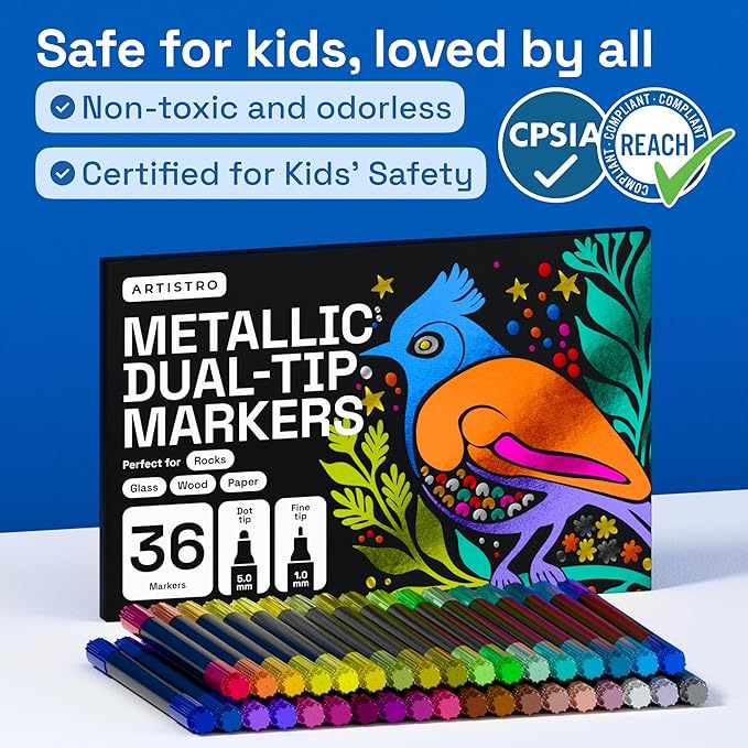 ARTISTRO 36 Metallic Precision Dual-Tip Acrylic Paint Markers – Paint Pens Set with Dot & Fine Tips for Fabric, Rock, Glass, Wood, Coloring Books – Classroom & Art Supplies Teacher Appreciation Gift