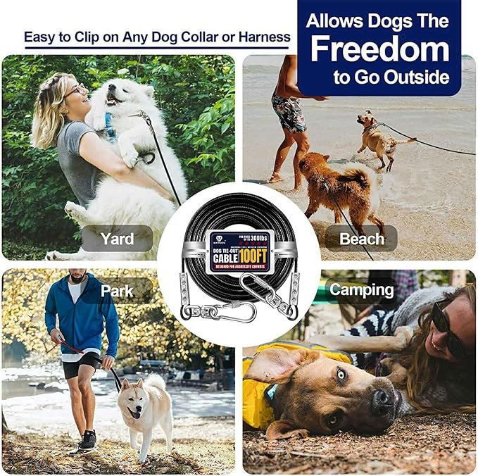 Extra Strong 100ft Tie Out Cable Chains for Large Dogs up to 300 Pound, 1000+Pound Break Strength Tieout Tether Trolley Training Lead, Reflective Dog Run Cable for Yard Garden Park Camping Outside
