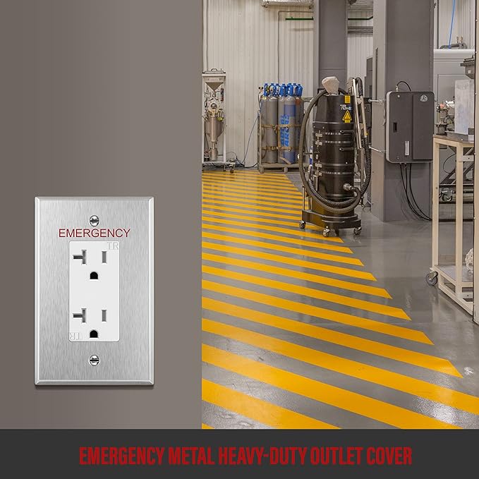 ENERLITES Decorator Switch or Outlet Metal Wall Plate with Emergency Label, 430 Stainless Steel, Corrosion Resistant, Mid-Size 1-Gang 4.88" x 3.11", UL Listed, 7731M-E, Silver