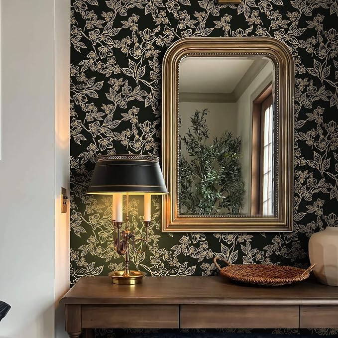 Ismoon Floral Peel and Stick Wallpaper Vintage Black and Gold Contact Paper Dark Stick on Wallaper Removable Self Adhesive Wall Paper for Cabinets Shelf Drawer Bedroom Vinyl Roll 17.3x196in