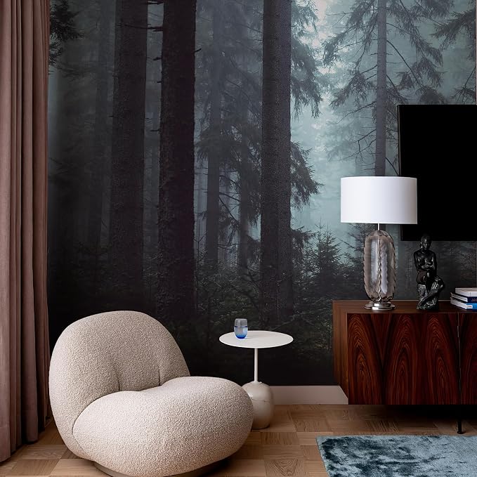 Foggy Forest Wall Murals Peel and Stick 148" W x 98" H | Misty Woodland Tree Self Adhesive Renter Friendly Wallpaper for Bedroom Living Room
