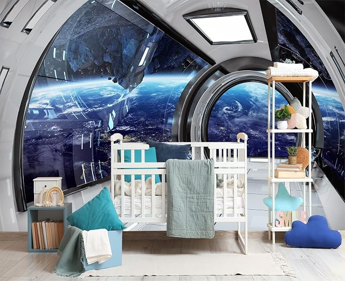 YIHWM-Peel and Stick 3D Capsule Space Wallpaper Outerspace Spaceship Mural | Tear-resistant,with a substantial feel;Will not be damaged during repositioning.Boy's Room,kids room wallpaper.XL-157"x108"
