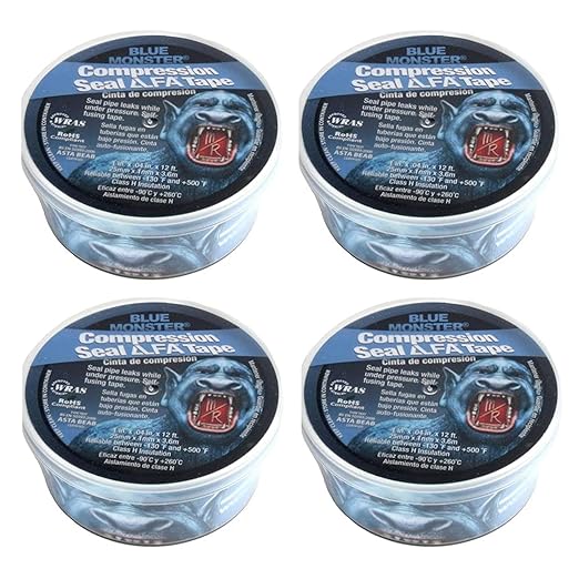 Blue Monster Compression Seal Tape, 12 ft x 1" Roll, Pack of 4 – Self-Fusing Silicone Tape for Leak Repair, Waterproof Seal for Plumbing, Pipes & Hoses, Seals Leaks Up to 150 PSI