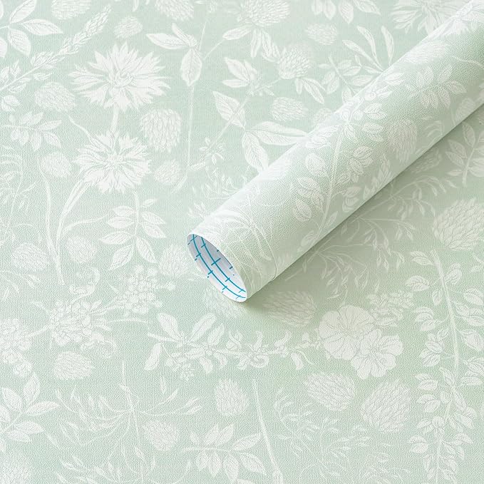 Guvana Sage Green and White Peel and Stick Wallpaper Floral Wallpaper Slef Adhesive Removable Waterproof Contact Paper Boho Wall Paper for Living Room Bathroom Bedroom Kitchen 17.3''x78.7''