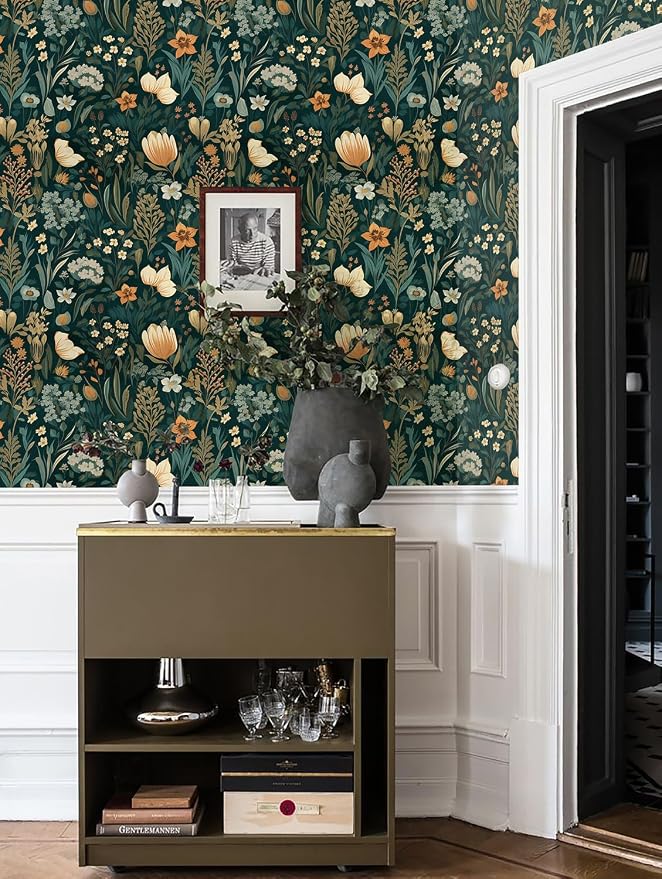 Orainege Vintage Floral Peel and Stick Wallpaper Boho Floral Contact Paper 17.3in x196.8in Flower Wallpaper Peel and Stick Flower Self Adhesive Wall Paper for Bedroom Removable Decorative