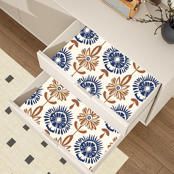 BOKEBEVE Boho Floral Peel and Stick Wallpaper Beige Brown 17.5 x 118In | Symmetry Contact Paper Modern Wall Paper for Bedroom Accent Walls Laundry Nursery Pantry Renter Friendly Removable