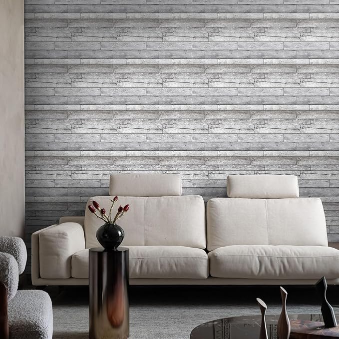 COMSTICKC Peel and Stick Shiplap Faux Wood Wall Sticker, 10 Pcs of 12" x 12", Ultra-Light Thin PVC 3D Fake Wood Self-Adhesive Wall Covering Panels for Interior Farmhouse Decor, Vintage Gray