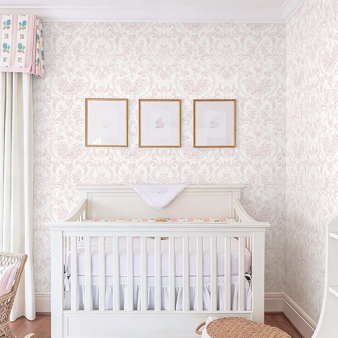 Ismoon Peel and Stick Wallpaper Pink Contact Paper 17.3in x 6.56ft Vintage Floral Wallpaper Boho Damask Removable Textured Wall Paper for Bedroom Bathroom Shelf Cabinet Décor