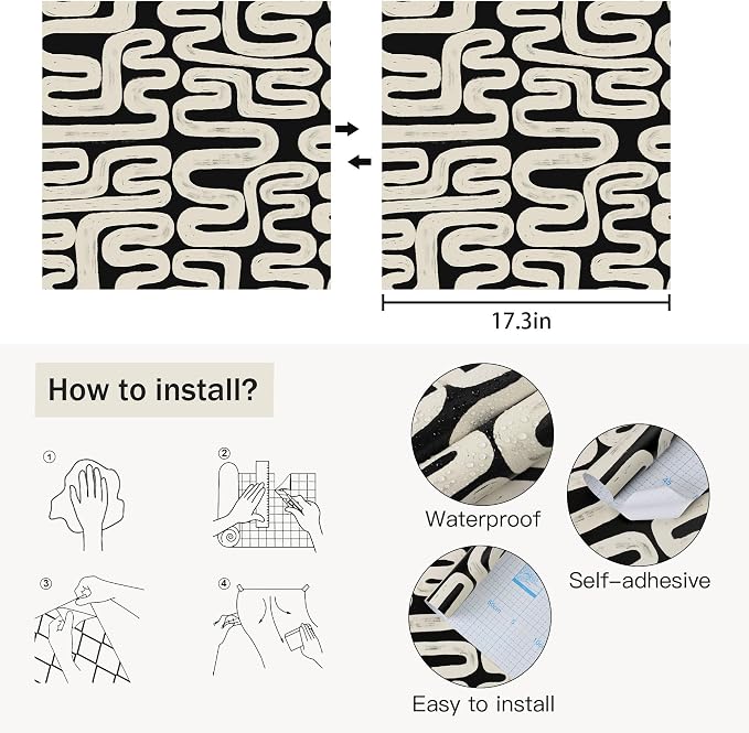Black and Cream White Peel and Stick Wallpaper Modern Geometric Self-Adhesive Removable Contact Paper Thicken Waterproof Easy to Clean Decorative Wall Paper for Bedroom Bathroom 17.3in x 394in