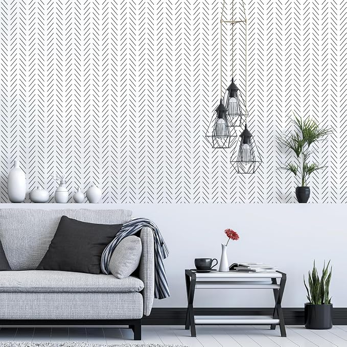 Erfoni Black and White Peel and Stick Wallpaper Herringbone Contact Paper | 17.7in x 590.5in Black Geometric Removable Wallpaper Modern DIY Self Adhesive Wallpaper for Livingroom Bathroom Decor