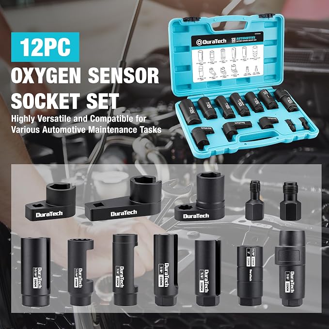 DURATECH 12PCS O2 Oxygen Sensor Socket Set with Storage Case | 22mm, 27mm, 29mm, 7/8" and 1-1/16" Sockets, 3/8" & 1/2" Drive, Thread Chasers