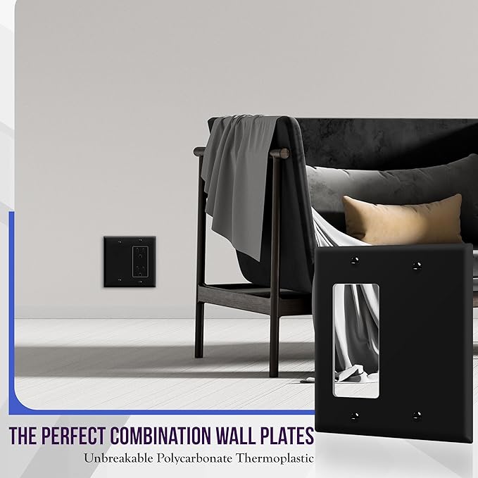 ENERLITES Combination Decorator Rocker/Blank Outlet Wall Plate, Standard Size, 2-Gang 4.50 inch x 4.57 inch Light Switch Cover, Polycarbonate Thermoplastic, UL Listed, 880131-BK, Black