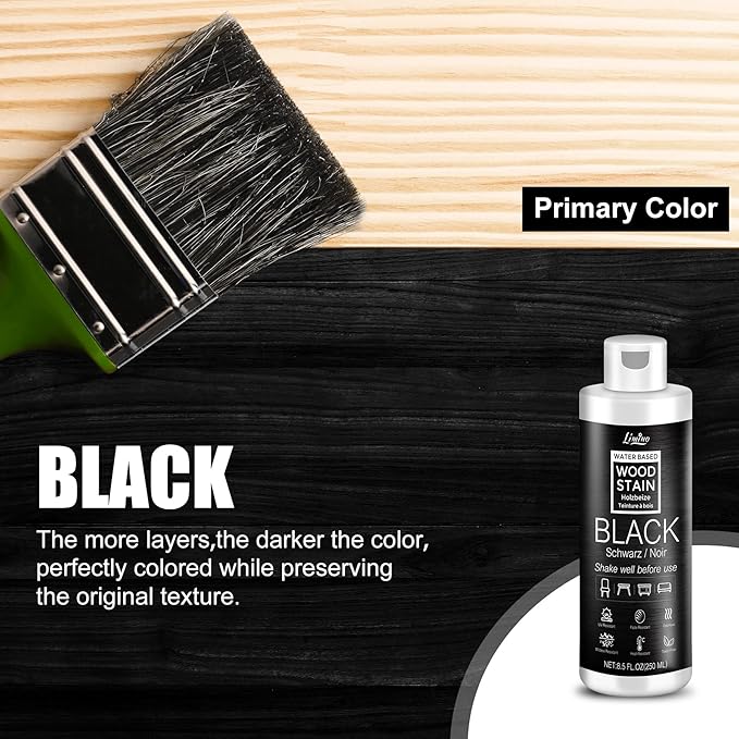 Water Based Wood Stain - Black | Wood Varnish for Indoor ＆ Outdoor Furniture, Wardrobe, Cabinets, Doors, Low Odor ＆ Non-Toxic, Fast Drying, Multiple Classical Finishes - 8.5fl.oz / 250ml