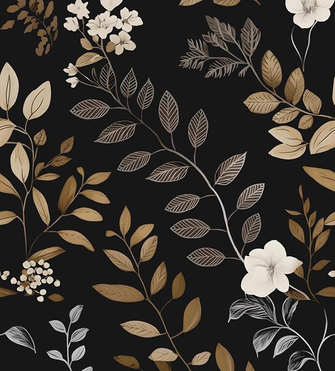 Floral Leaf Vintage Wallpaper Peel and Stick 17.5"x118", Black Gold | Self Adhesive/Removable/Waterproof/Thick Vinyl Contact Paper for Bathroom Bedroom Shelf Cabinet Drawer,Prepasted,Easy Peel