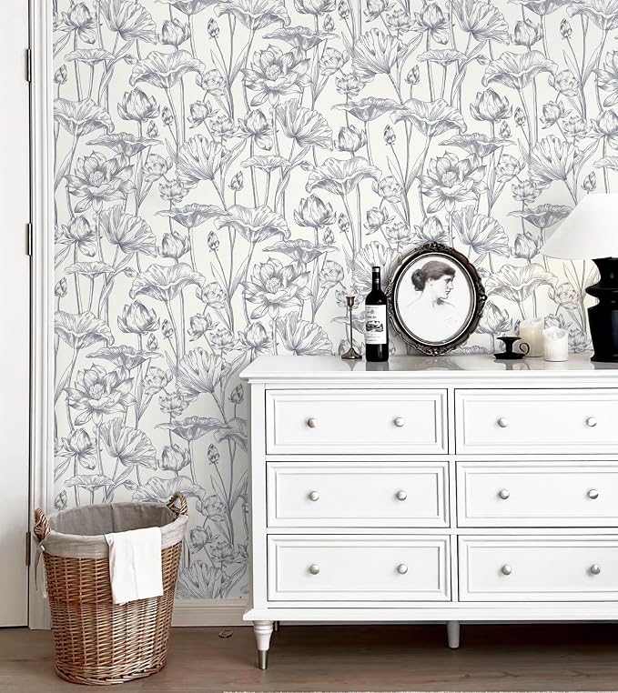 Timeet Floral Peel and Stick Wallpaper 16" x 197" White and Purple Wallpaper Lotus Removable Self Adhesive Contact Paper for Bedroom Bathroom Wall Paper Wall Decor