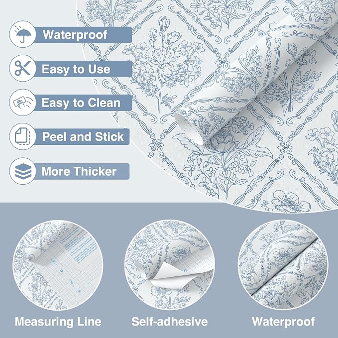 Toduso Peel and Stick Wallpaper Vintage Wall Paper Blue and White Contact Paper Floral Removable Wallpaper for Bathroom Bedroom Flower Waterproof Self Adhesive Vinyl Drawer Decor 17.3"x196.8"