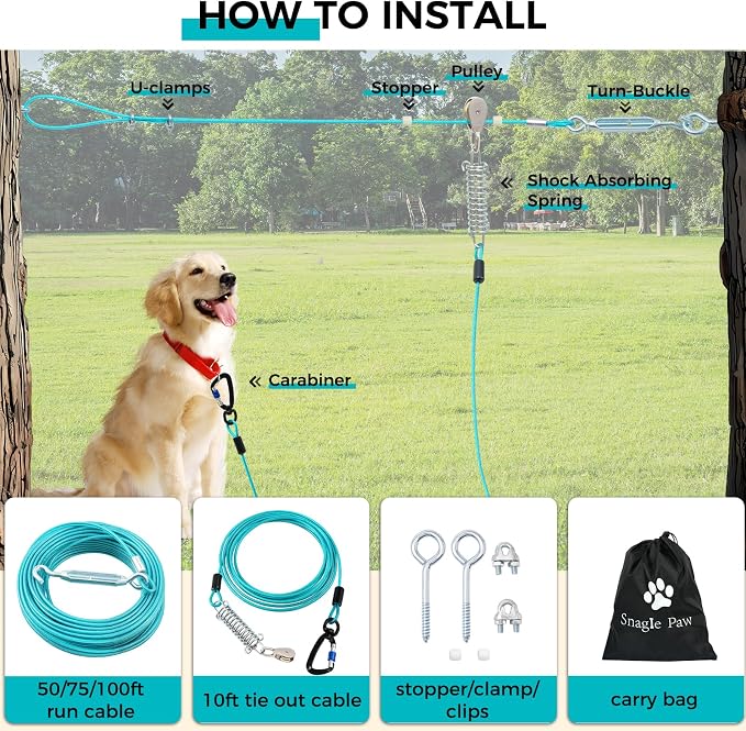 Snagle Paw Dog Runner for Yard,Heavy Duty Trolley System for Large Dogs,Dog Tie Out Run Cable, Zip line 100ft with 10ft Pulley Runner Line for Dogs Up to 250lbs for Yard or Camping