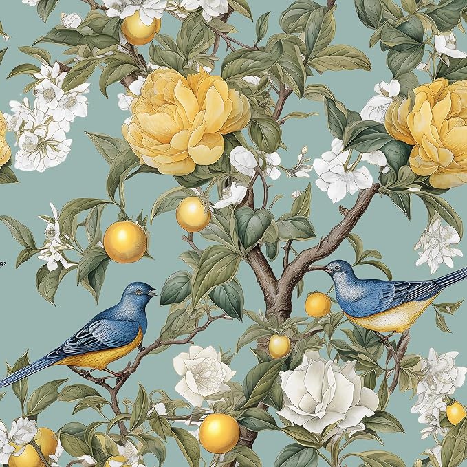 Danodoi Green Vintage Lemon Bird Peel and Stick Wallpaper 17.5" x 393" | Waterproof Vinyl Self Adhesive Removable Renter Friendly Floral Contact Paper
