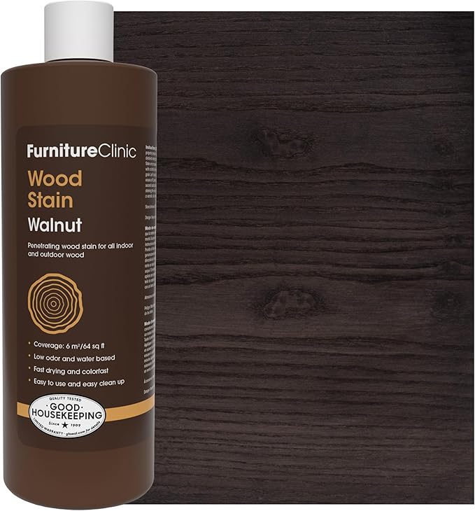 Furniture Clinic Wood Stain | Walnut | Water Based | Fast Drying, Low Odor, & Non-Toxic | for Indoor & Outdoor Furniture and More | Multiple Finishes | (17oz / 500ml)