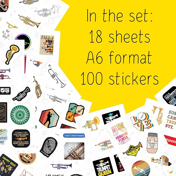 BulbaCraft Trumpet Stickers for Water Bottle and Laptop - Musical Party Supplies & Decorations, Waterproof Vinyl Instrument Decals, Trumpet and Jazz Stickers Laptop Decals, Gifts for Women & Men