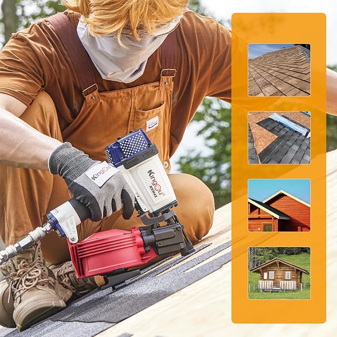 Kingou American Style NVH45 Roofing Nail Gun for Roofing Constructions Accepts 7/8-Inch to 1-3/4-Inch Nails 15 Degree With 3/8 NPT Air Connector 120-pcs Load Capacity Roofing Nailer