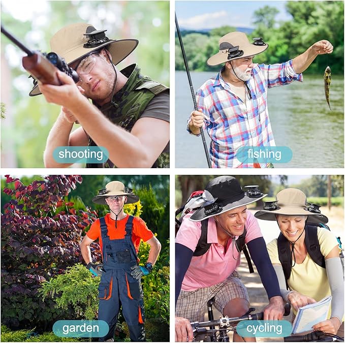 Glitopper 2 Set Wide Brim Solar Fan Hats with 2 Solar Fan and Arm Sleeves Set Outdoor Fishing Bucket Hat for Men Women Hiking
