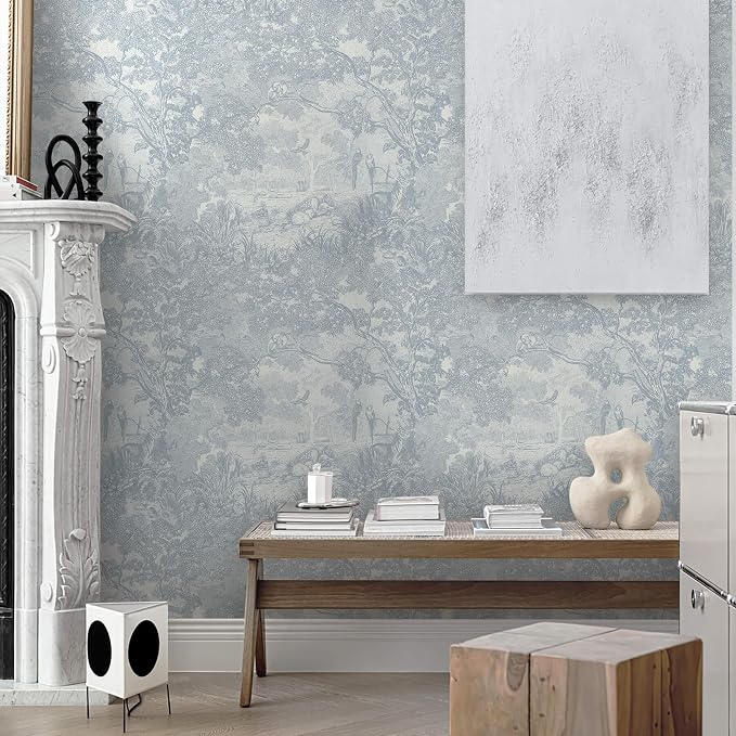 Ismoon Vintage Wallpaper Peel and Stick Blue Neutral Wallpaper 17.3in x16.4ft Forest Animals Contact Paper for Bedroom Thicken Waterproof Self-Adhesive Wall Paper Removable Renter Friendly Vinyl