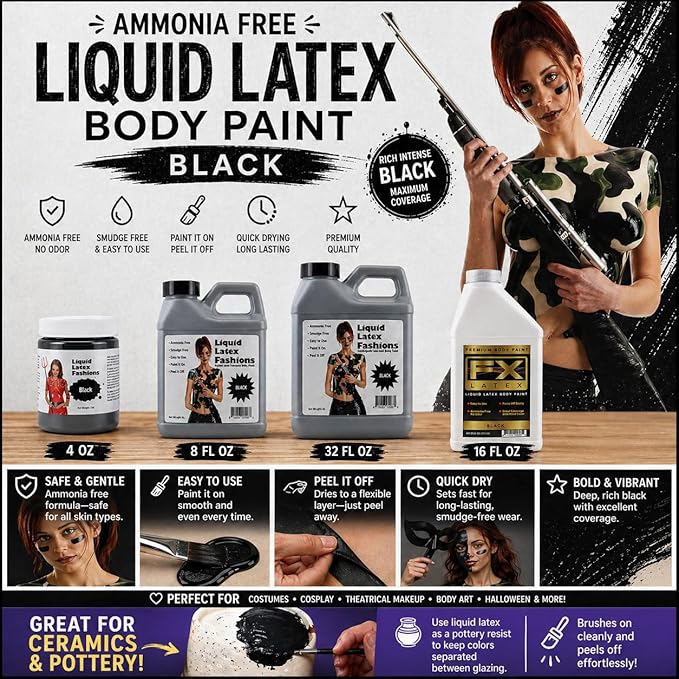 Black 32 Oz - Liquid Latex Body Paint, Ammonia Free No Odor, Easy On and Off, Cosplay Makeup, Creates Professional Monster, Zombie Arts