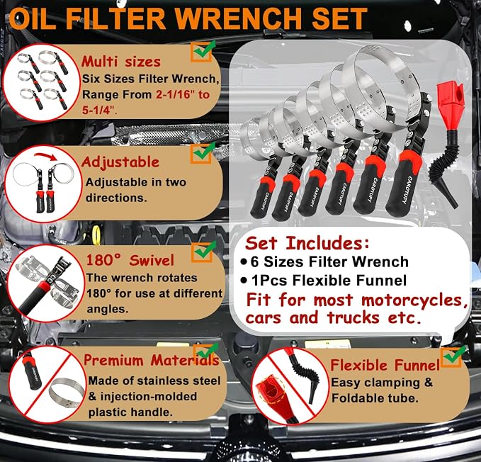 Oil Filter Wrench Set, Adjustable Oil Filter Removal Tool, 7 Pcs | Universal Oil Filter Removal Tool 2-1/16"-5-1/4", Two-Tone Thick Wide Molded Handle for Great Grip, Small Snap-On Oil Funnel