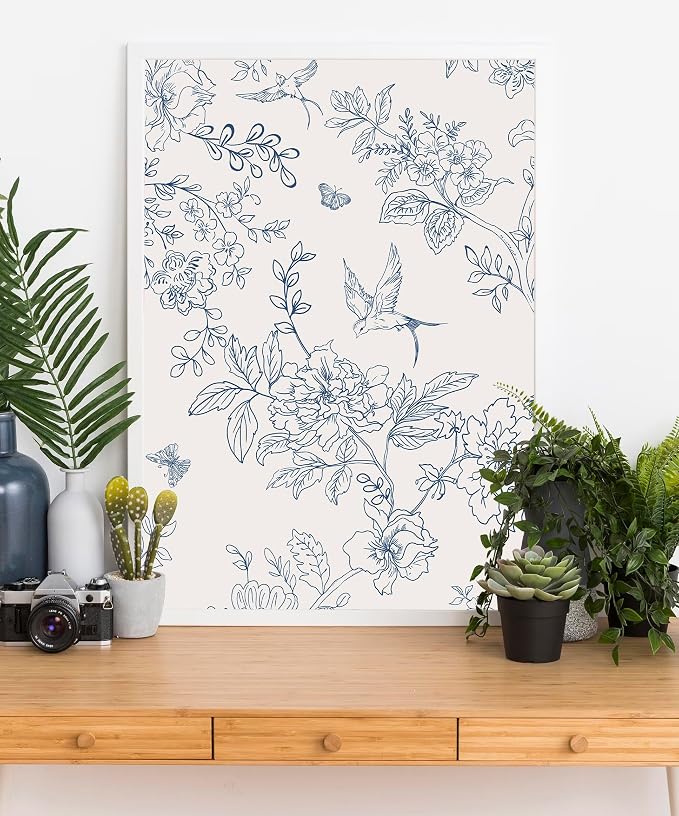 Froluya Cream White and Blue Floral Wallpaper Peel and Stick Wallpaper 17.7"x118.1" Vintage Floral Peel and Stick Wall Paper Removable Boho Self Adhesive Contact Paper for Bedroom Bathroom Vinyl