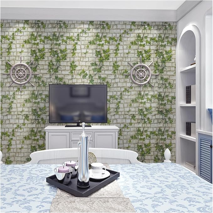 Peel and Stick Wallpaper Brick Wall Paper Green leaves3D BrickStone Self Adhesive Removable Contact Paper Brick Textured Vintage Wallpaper Decorative Wall Classroom Covering15.7 x118