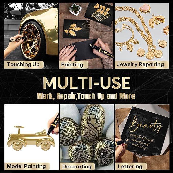 3PK Permanent Mirror Chrome Gold Markers – Metallic Gold Paint Pens for Metal, Plastic, Fabric, Jewelry, Model Painting, Touch-Up and Repair Kit, Set of 3 Tips (0.7mm, 1mm, 3mm)