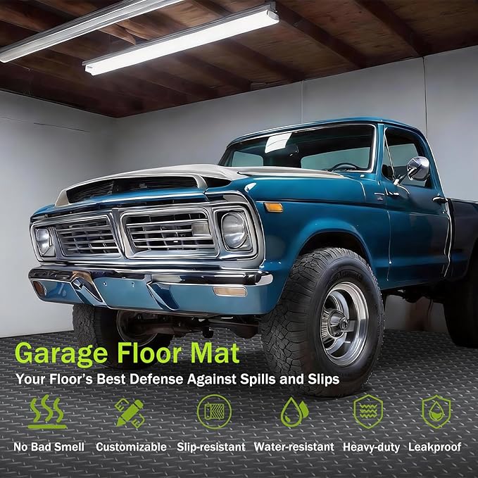 8x20 FT Garage Floor Mat, 2.8mm Thickened Flooring Roll for Under Car Diamond Plate PVC Rubber Mat with 20 Pcs Tapes, Non-Slip Floor Mat for Garage, Warehouse, Gyms, Trailer,Grey