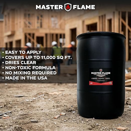 Master Flame Class A Fire Retardant Spray for Wood, Fabric, Cotton & More - Non-Toxic Flame Retardant Coating - Meets NFPA 701 & ASTM E84 - Made in USA - Easy to Apply and Dries Clear - 55 Gallon Drum