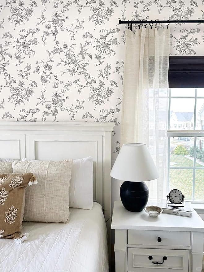 Ismoon Peel and Stick Wallpaper Floral Vintage Stick on Wall Paper Black and White Contact Paper for Cabinet French Textured Removable Self Adhesive Wallpaper Vinyl for Bedroom Wall Deco 17.3 x 78.7in