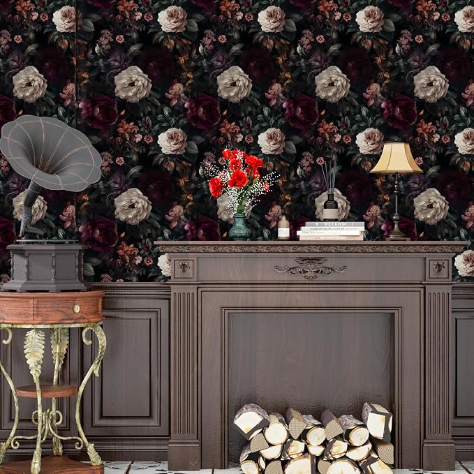 ILHIIOR Black/Pink Floral Peel and Stick Wallpaper 17.5 x 118 Inches | Leaf Removable Self Adhesive Waterproof Contact Paper, Renter Friendly Decor for Cabinets, Drawers & Bedroom Walls