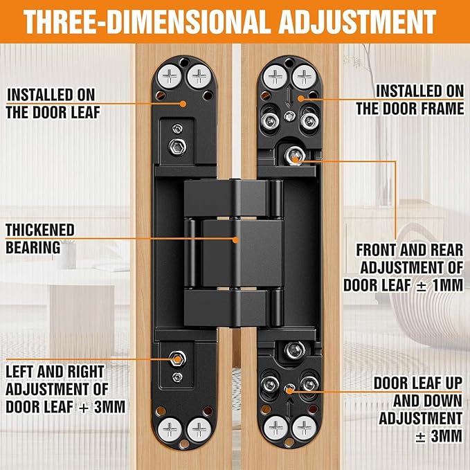 6" Hidden Door Hinge/Concealed Hinges,Invisible Hinges,Invisible Door Silent 180 Degree Swing Hinge 3-Way Adjustable Butt 6 x 2.5 x 1inch (Black, 6 inches)