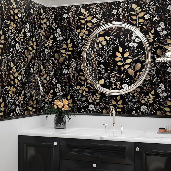 Vintage Dark Floral Gold Leaf Peel and Stick Wallpaper 17.5"x787" | Self Adhesive/Removable/Waterproof/Thick Vinyl Extra Long Contact Paper for Bathroom Bedroom Shelf Cabinet Drawer,Prepasted