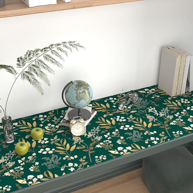 Vintage Dark Green Gold Floral Peel and Stick Wallpaper 17.5"x197" | Self Adhesive/Removable/Waterproof/Thick Vinyl Contact Paper for Bathroom Bedroom Shelf Cabinet Drawer,Prepasted,Easy Peel