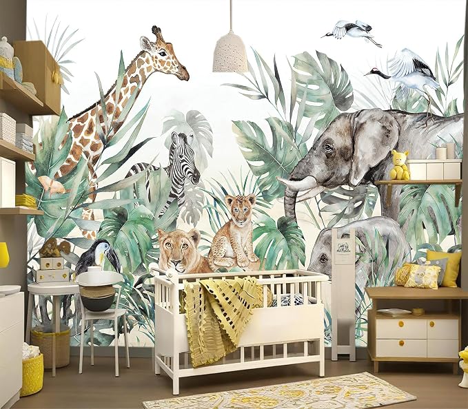 YIHWM-Peel and Stick Animal Wallpaper Tropical Rainforest Zoo Theme Mural | Tear-resistant,with a substantial feel;Will not be damaged during repositioning.Boy's Room,kids room wallpaper.L-137"x96"